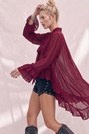 Bordeaux mock neck ruffle blouse with asymmetrical hem, alternate view
