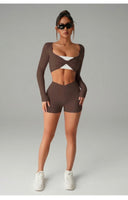 Mocha Move twist-front crop top & shorts activewear set by DIEZYONCE