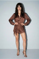 Rosé Expresso 3-piece satin shirt, lace shorts & scarf set, alternate view