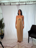 Sienna strapless pleated evening gown with metal accent by DIEZYONCE