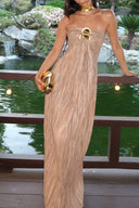 Sienna strapless pleated evening gown with metal accent, alternate view